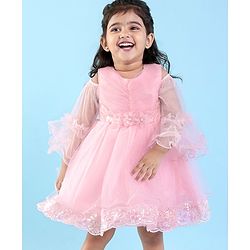 Babyhug Cold Shoulder Sleeve Fit and Flare Frilled Dress Floral Sequin & Corsage -Pink