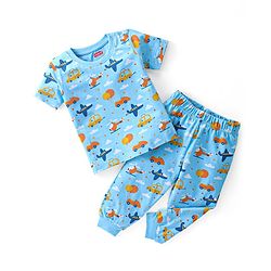 Babyhug Cotton Single Jersey Knit Half Sleeves Night Suit Car Print - Blue
