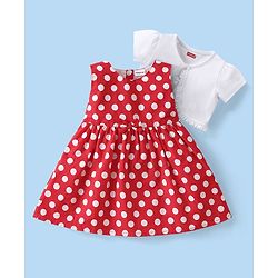 Babyhug Cotton Poplin Woven Frock with Half Sleeves Shrug Polka Dot Print - Red