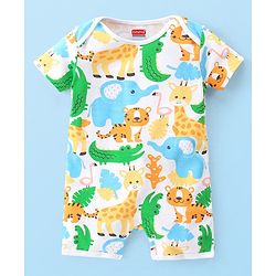 Babyhug 100% Cotton Knit Half Sleeves Romper Animal Print - Multicolor