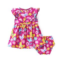 Babyhug Single Jersey Knit Frill Sleeves Frock With Bloomer Floral Print - Pink