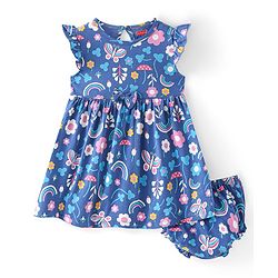 Babyhug Single Jersey Knit Frill Sleeves Frock with Bloomer & Bow Butterfly Print - Navy Blue