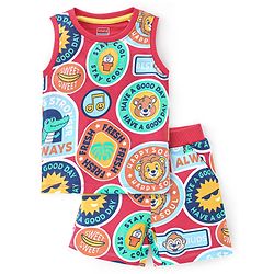 Babyhug 100% Cotton Knit Single Jersey Sleeveless T-Shirt & Shorts Text Print - Red