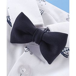 Babyhug Knit Full Sleeves Boat Print Party Shirt & Trousers with Cap Bow & Suspender - White & Navy Blue