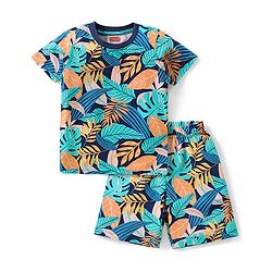 Babyhug Cotton Knit Half Sleeves Night Suit With Tropical Theme - Blue