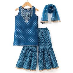Babyhug Sleeveless Embroidered Kurti & Chevron Printed Gharara with Dupatta - Teal Blue
