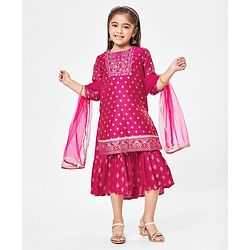 Babyhug Woven Three Fourth Sleeves Dress with Full Length Printed Inner & Lace Border Dupatta - Fuschia