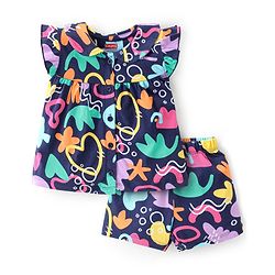 Babyhug Cotton Knit Single Jersey Frill Sleeves Night Suit With Abstract Print - Navy Blue