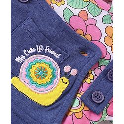 Babyhug Single Jersey Knit Dungarees & Half Sleeves T-Shirt with Floral Print & Snail Embroidery - Multicolour