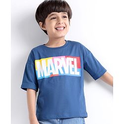 Babyhug Marvel 100% Cotton Knit Oversized Half Sleeves T-Shirt With Marvel Text - Navy Blue