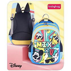 Babyhug Disney Mickey & Friends School Backpack|2 Main Compartments,1 Front Pockets, 2 side Bottle Pockets|Water Resistant|Long lasting and Durable Zippers | Comfortable back cushioning | For School, Travel and Outdoors|Blue- 15 inches