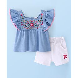 Babyhug Chambray Woven Half Sleeves Top & Shorts Set with Floral Embroidery - Blue & White