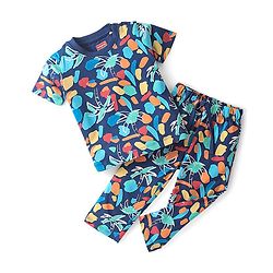 Babyhug Cotton Knit Single Jersey Half Sleeves Night Suit With Tropical Print - Navy Blue