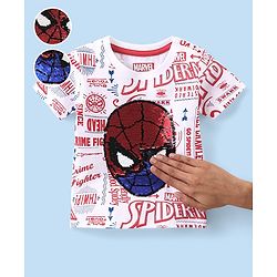 Babyhug Marvel Cotton Knit Half Sleeves T-Shirt with Spiderman Print and Reversible Sequins Detailing- White