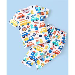 Babyhug Cotton Knit Half Sleeves Night Suit with Vehicle Print - Multicolor