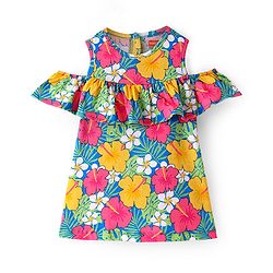 Babyhug Single Jersey Knit Cold Shoulder Frock With Floral Print - Blue