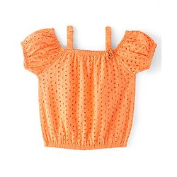 Babyhug Cotton Half Sleeve Schiffli Top With Bow Applique - Orange