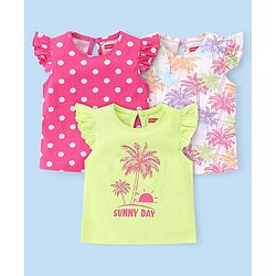 Babyhug Cotton Knit Frill Sleeves Polka Dots & Palm Trees Printed T-Shirts Pack of 3 - Multicolour