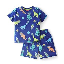 Babyhug Single Jersey Knit Half Sleeves Nightsuit with Dino Print - Navy Blue