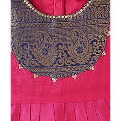 Babyhug Woven Half Sleeves Pattu Pavada Lehenga Choli Set With Floral & Lace Detailing - Dark Pink
