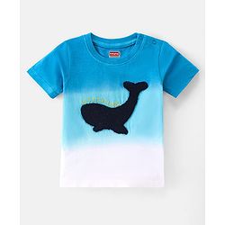 Babyhug 100% Cotton Knit Half Sleeves T-Shirt With Whale Embroidery - White & Blue