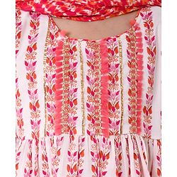 Babyhug Cotton Woven Half Sleeves Kurta With Fringe Lace & Palazzo Set With Dupatta in Laheriya Print - Off White & Orange
