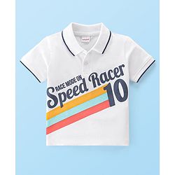 Babyhug 100% Cotton Knit Half Sleeves Polo T-Shirt with Text Graphics - White