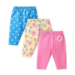 Babyhug Cotton Lycra Three Fourth Length Leggings with Floral & Polka Dots Print Pack of 3 - Blue Yellow & Pink
