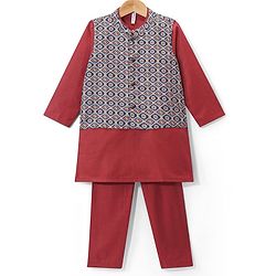 Babyhug Cotton Cambric Woven Full Sleeves Solid Kurta Pyjama Set With Printed Jacket - Red