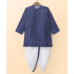 Babyhug Cambric Woven Full Sleeves Bandhani Printed Kurta With Dhoti Set - Navy & White