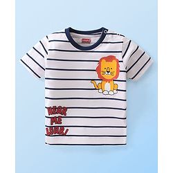 Babyhug Cotton Knit Half Sleeves Striped T-Shirt with Lion & Text Graphics - Multicolour