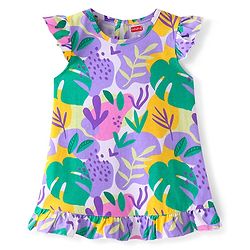 Babyhug Cotton Knit Single Jersey Frill Sleeves Nighty With Tropical Print - Multicolour