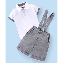Babyhug Single Jersey Knit Half Sleeves Solid Color T-Shirt & Shorts with Suspender - White & Grey