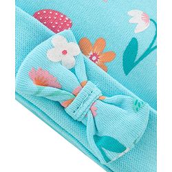 Babyhug 100% Cotton Knit Cap Mittens And Booties Floral Print - Blue