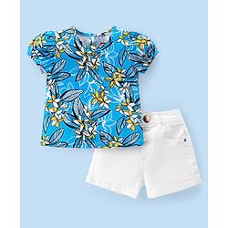 Babyhug 100% Cotton Knit Single Jersey Half Sleeves Top & Denim Shorts With Floral Print - White & Blue