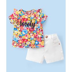 Babyhug 100% Cotton Knit Single Jersey Half Sleeves Top & Denim Shorts With Floral Print - Multicolour