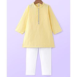 Babyhug Cambric Full Sleeves Pintucked Kurta with Embroidered Neck & Pyjama Set - Yellow