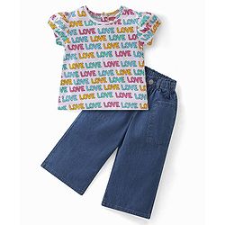 Babyhug 100% Cotton Knit Single Jersey Half Sleeves Top With & Jeans With Text Print - White & Blue