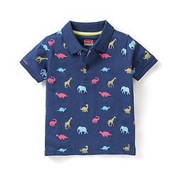Babyhug Cotton Knit Half Sleeves Polo T-Shirt with Dino Print - Navy Blue