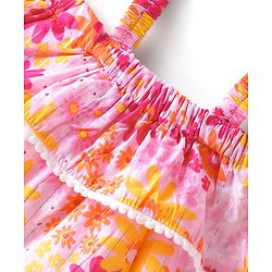 Babyhug Cotton Woven Cold Shoulder Sleeves Top with Frills and Floral - Multicolour