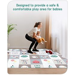 Babyhug Premium Reversible Foldable Waterproof Floor mat- 6 ft x 5 ft| Thickness 8 mm| Education Theme| Colorful| Learn and Play Mat| Soft Foam and Anti-Slip Mat|Baby Massage| Easy to Carry Bag| 0-12 Years| BIS Certified
