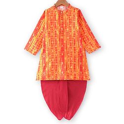 Babyhug Cambric Full Sleeves Dhoti Kurta Set Leheriya Print - Orange & Red