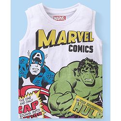 Babyhug Marvel Cotton Sleeveless T-Shirt With Avengers Graphics - White