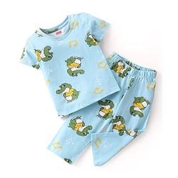 Babyhug Single Jersey Half Sleeves Night Suit Croc Print - Light Blue