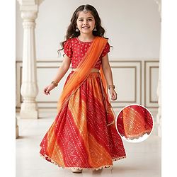 Babyhug Woven Short Puffed Sleeves Floral Embroidered Choli with Gold Bandhani Print Lehenga & Dupatta Set - Orange & Red