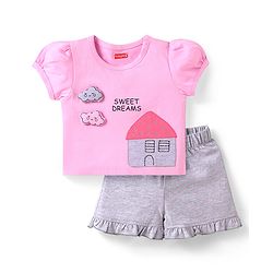 Babyhug Cotton Knit Half Sleeves Night Suit Text Print - Pink & Grey