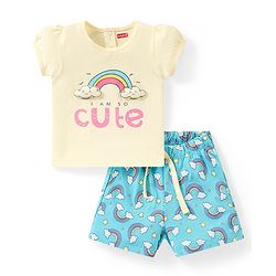 Babyhug Cotton Half Sleeves Night Suit With Rainbow Print - Yellow & Blue
