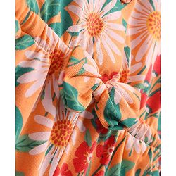 Babyhug Single Jersey Knit Singlet Sleeves Floral Print Jumpsuit with Bow Applique - Orange