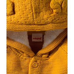 Babyhug Knit Full Raglan Sleeves Hooded Front Open Sweater Set with Cable Knit Design & Ear Applique - Yellow
