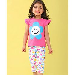 Babyhug Cotton Knit Frill Sleeves Floral Printed Night Suit - Pink